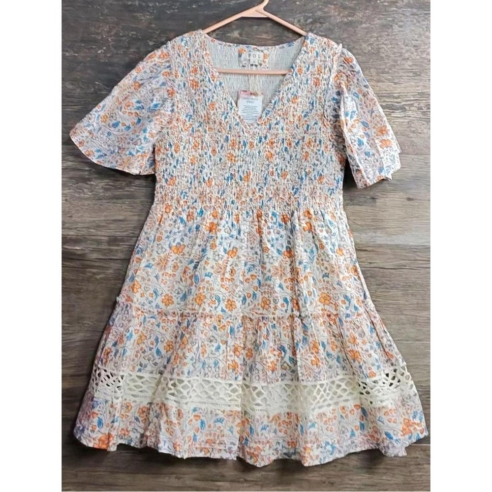 POL Floral Smocked Casual Dress - Cream, Orange & Blue